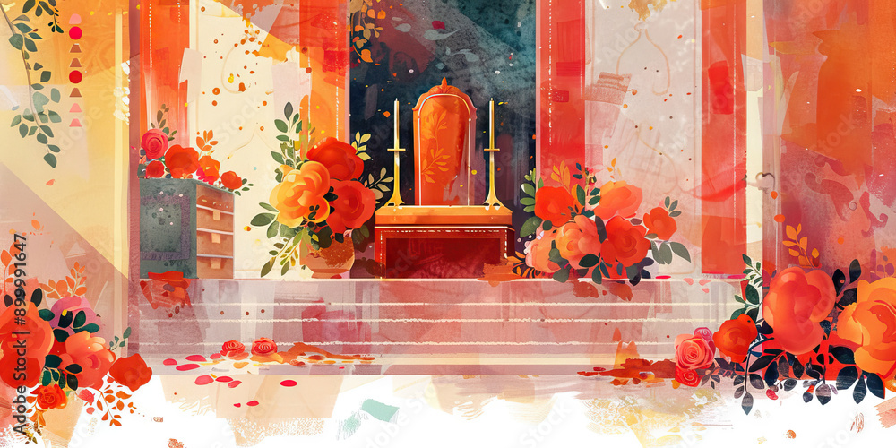 Φωτογραφία Queen of Hearts Courtroom: A grand throne adorned with red roses and a sword, facing an opulent jury box, with playing cards strewn about the floor