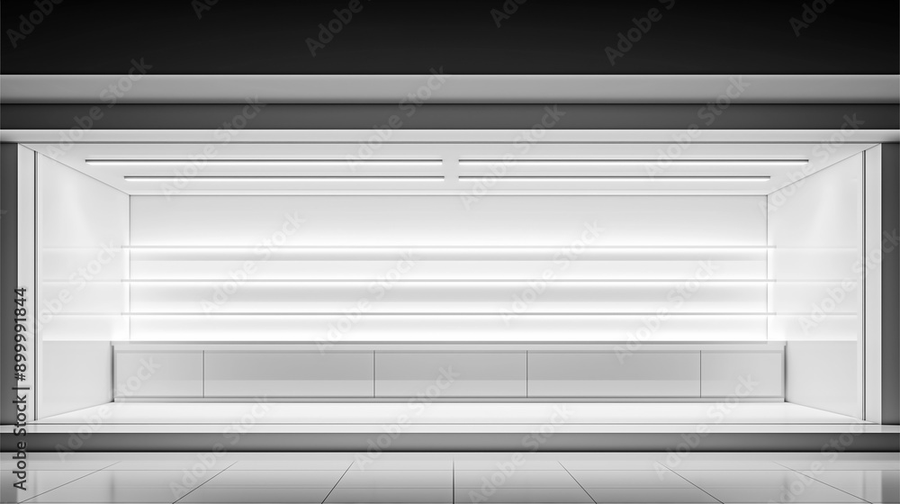 A modern, minimalist white display case with built-in lighting, perfect for showcasing products in a sleek and sophisticated retail environment A modern, minimalist white display case with built-in lighting, perfect for showcasing products in a sleek and sophisticated retail environment