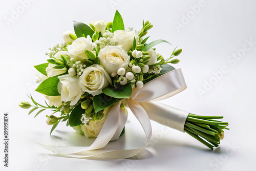 Delicate white flowers and lush greenery fill a beautiful wedding bouquet held by an elegant satin ribbon, against a soft, creamy white background. photo