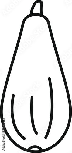 Simple line drawing of a butternut squash with a stem, isolated on a white background