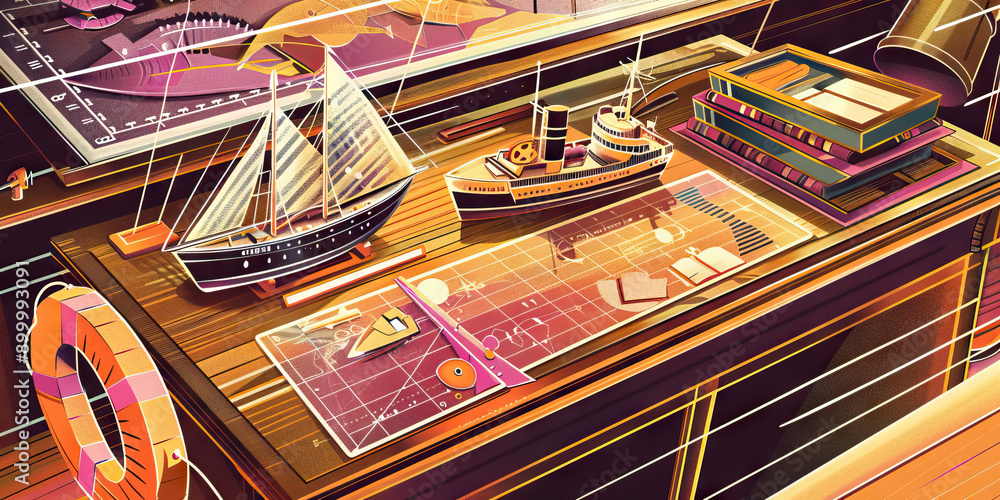 Coast Guard Captain's Desk: A wooden desk with a model ship, a life preserver, and a chart table, showing the work of a coast guard captain. Coast Guard Captain's Desk: A wooden desk with a model ship, a life preserver, and a chart table, showing the work of a coast guard captain.