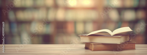 Stack of books on wooden table with blurry library background. Back to school education concept with focus on knowledge and learning. Study materials for students.