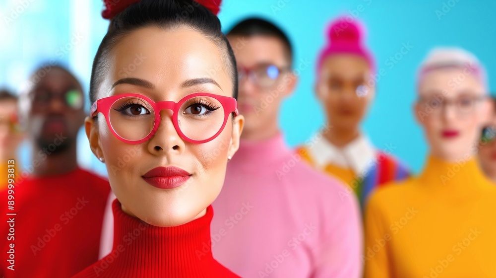 Confident Asian Business Woman in Red Leading a Happy Team Confident Asian Business Woman in Red Leading a Happy Team