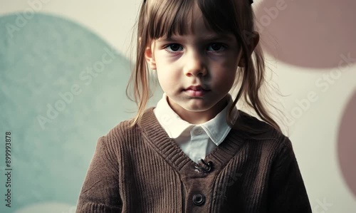 Lifestyle portrait video of a serious child female wearing a chic cardigan against an abstract background