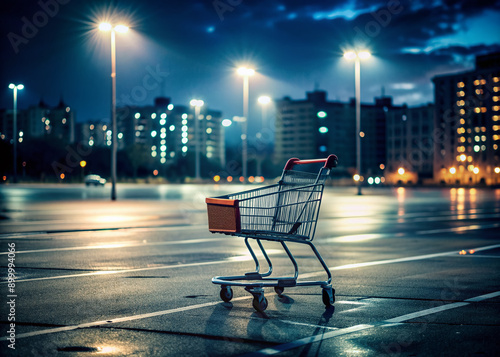 Lonely shopping cart stands solo in deserted night parking lot, bathed in soft glow of city lights, casting a melancholic urban silhouette. photo