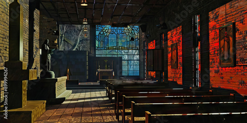 Shimmering Sanctuary: A secluded chapel, its stained-glass windows casting a warm glow on rows of wooden pews, and a statue of a saintly figure