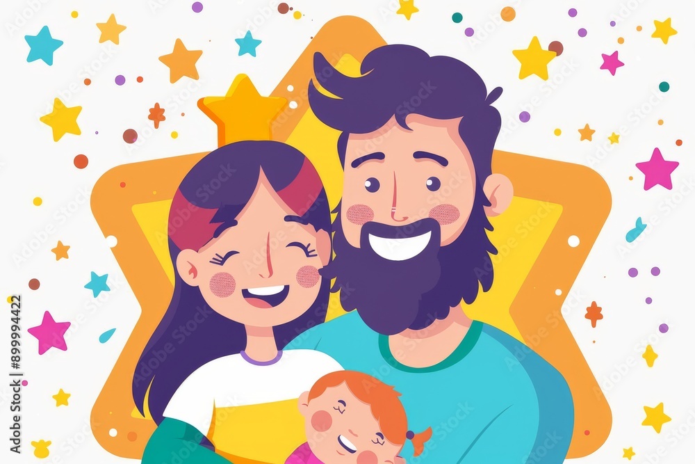 Happy family with baby in colorful cartoon style joyful expressions cozy atmosphere digital art heartwarming scene bonding love and care cheerful mood Happy family with baby in colorful cartoon style joyful expressions cozy atmosphere digital art heartwarming scene bonding love and care cheerful mood