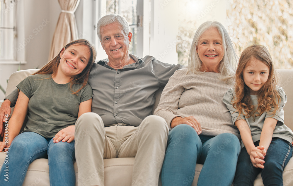Portrait, happy family and children with grandparents in home for care, relax and bonding together. Generations, grandma and grandfather with kids in lounge for support, love and smile with sisters Portrait, happy family and children with grandparents in home for care, relax and bonding together. Generations, grandma and grandfather with kids in lounge for support, love and smile with sisters