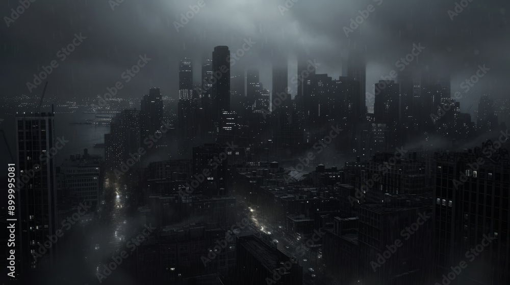 Obraz premium Mysterious city skyline shrouded in fog with faintly illuminated buildings. The dark, overcast atmosphere evokes a sense of isolation and intrigue, perfect for noir and dystopian settings.