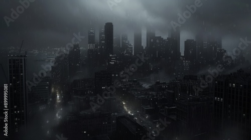 Mysterious city skyline shrouded in fog with faintly illuminated buildings. The dark, overcast atmosphere evokes a sense of isolation and intrigue, perfect for noir and dystopian settings.