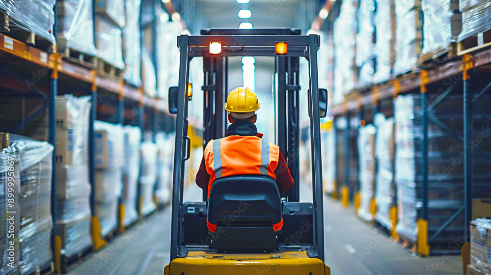 Fototapeta premium Concept of warehouse. The forklift in the empty big warehouse