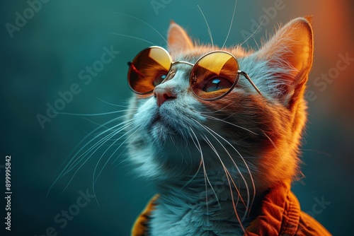 Portrait of White Cat in Sunglasses and Yellow Jacket Isolated on Pastel Background, Copy Space Concept, Funny Pet Posing for Photo Studio Shoot, Creative Fashion Idea  © KADER