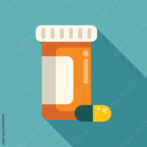 Orange pill bottle lying with one pill out flat design illustration