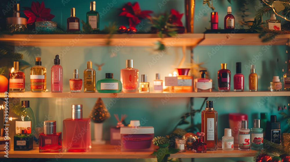 Shelves filled with various cosmetics and perfumes, styled for a festive holiday season, ideal for themes of beauty, shopping, and retail. Shelves filled with various cosmetics and perfumes, styled for a festive holiday season, ideal for themes of beauty, shopping, and retail.