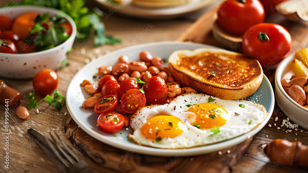 Delicious Breakfast with Fried Eggs, Toast, Tomatoes, and Beans Delicious Breakfast with Fried Eggs, Toast, Tomatoes, and Beans