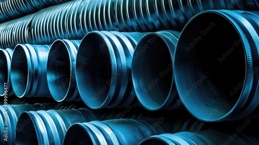 Abstract blue background with corrugated metal pipes Abstract blue background with corrugated metal pipes