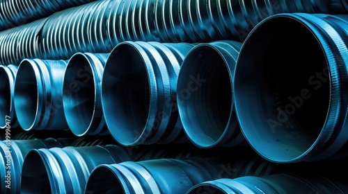 Abstract blue background with corrugated metal pipes