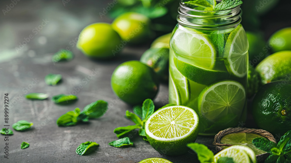 Fresh Lime and Mint Beverage in Jar Fresh Lime and Mint Beverage in Jar
