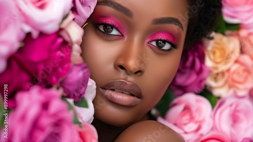 A woman with dark hair and a pink and purple floral background. The woman is wearing makeup and is surrounded by flowers © Nataliia_Trushchenko