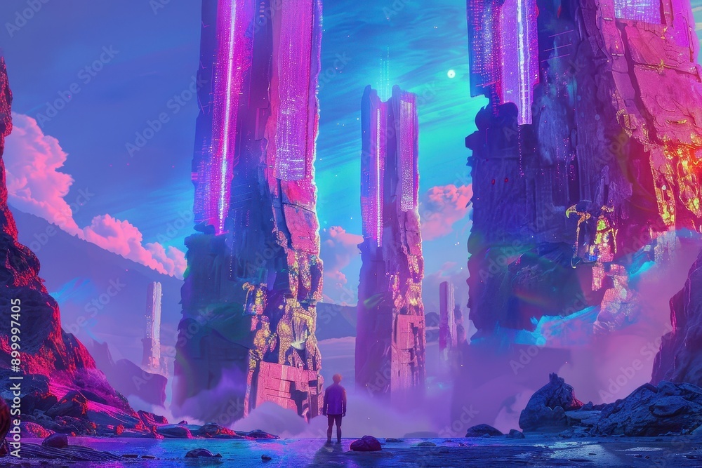 Mysterious glowing alien monoliths tower over a lone traveler on a distant planet Mysterious glowing alien monoliths tower over a lone traveler on a distant planet