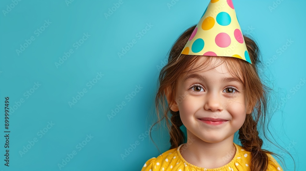 A young girl wearing a yellow party hat and smiling. The background is blue A young girl wearing a yellow party hat and smiling. The background is blue