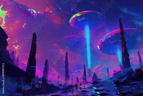 Glowing Alien Landscape with Mystical Portal and Colorful Sky