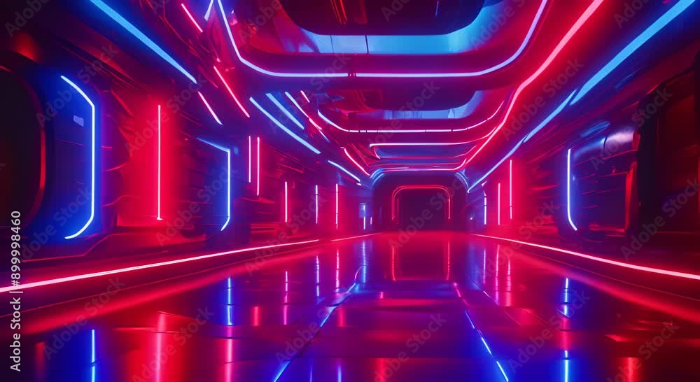 A view down a futuristic tunnel with vibrant red and blue neon lights illuminating the path The wet floor reflects the glowing colors creating a surreal atmosphere 4k animation A view down a futuristic tunnel with vibrant red and blue neon lights illuminating the path The wet floor reflects the glowing colors creating a surreal atmosphere 4k animation