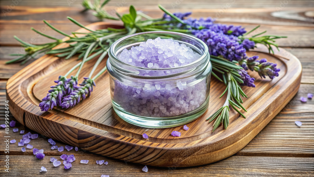 Soothing lavender-infused spa salt fills a transparent jar, surrounded by sprigs of fresh lavender on a wooden tray, evoking relaxation and natural skincare serenity. Soothing lavender-infused spa salt fills a transparent jar, surrounded by sprigs of fresh lavender on a wooden tray, evoking relaxation and natural skincare serenity.