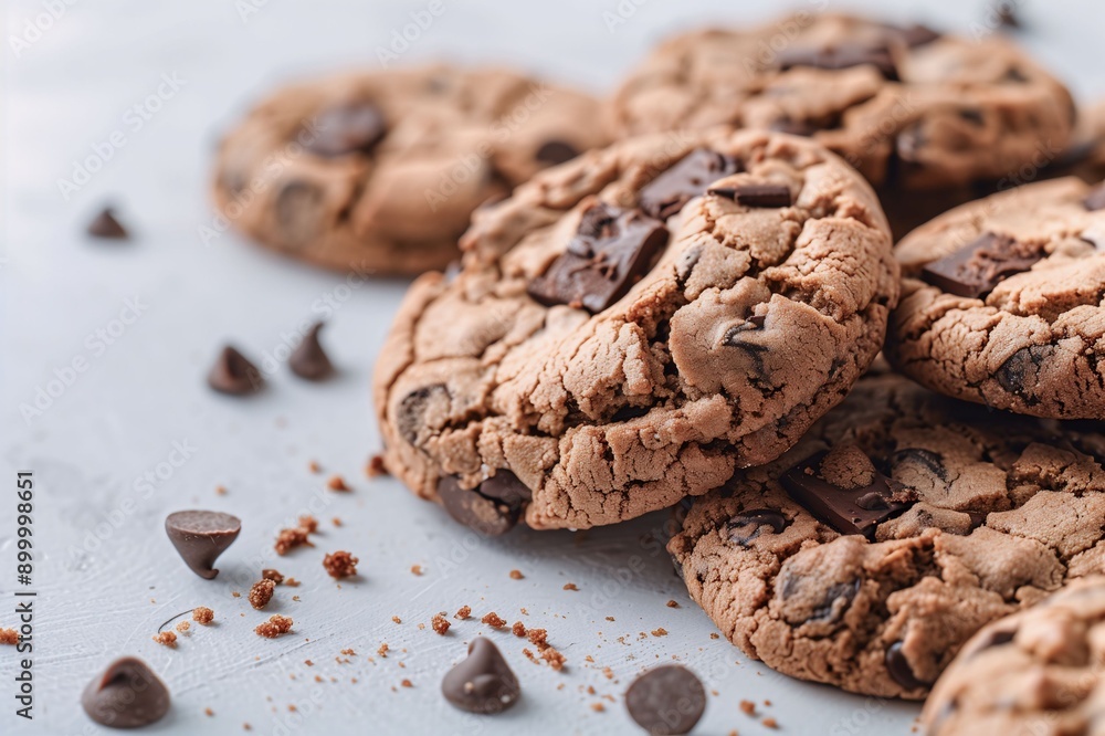 Close-up of Freshly Baked Chocolate Chip Cookies on Light Background Close-up of Freshly Baked Chocolate Chip Cookies on Light Background