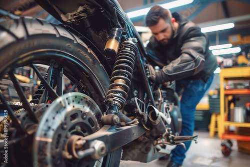 Mechanic Repairing Motorcycle in Workshop with Focus on Suspension and Tire © Kamarizal Kamarludin