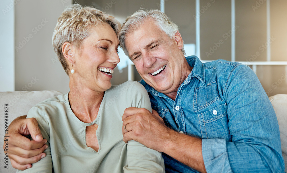 Home, relax and old couple on couch, funny and happiness with love, romance and conversation. Apartment, senior man and mature woman with smile, marriage and relationship with joke in living room Home, relax and old couple on couch, funny and happiness with love, romance and conversation. Apartment, senior man and mature woman with smile, marriage and relationship with joke in living room