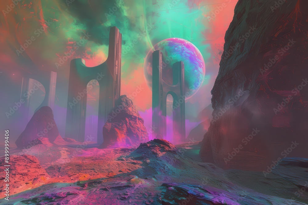 Obraz premium Alien landscape with vibrant colors and mysterious structures