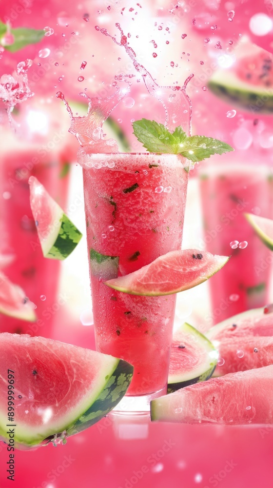 Watermelon smoothies with mint splashing and floating watermelon pieces on pink background Watermelon smoothies with mint splashing and floating watermelon pieces on pink background