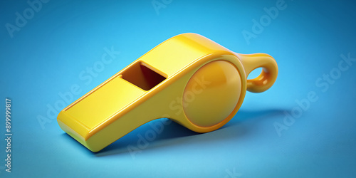 Vibrant yellow whistle stands out against a calm blue background, its curved shape and small hole creating a sense of simplicity and functionality.