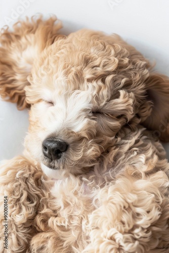 Photorealistic poodle puppy sleeping on the bed Generative AI