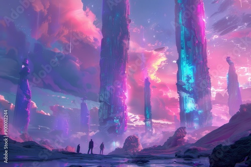 Alien landscape with vibrant glowing crystal structures photo