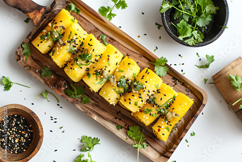 Plate of tasty Khandvi with on white background. photo