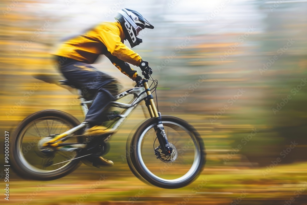 Dynamic leap - mountain biker , the exhilarating motion blur to convey velocity, blending the thrill of extreme sport with the serenity of nature, ideal for outdoor and adventure imagery. Dynamic leap - mountain biker , the exhilarating motion blur to convey velocity, blending the thrill of extreme sport with the serenity of nature, ideal for outdoor and adventure imagery.