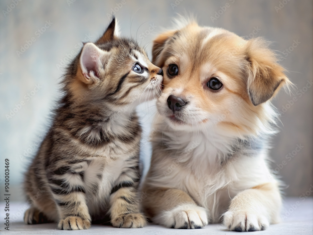 Obraz premium Adorable puppy gently presses lips to kitten's forehead, showcasing ultimate friendship and affection, perfect for expressing love and companionship on Valentine's Day.