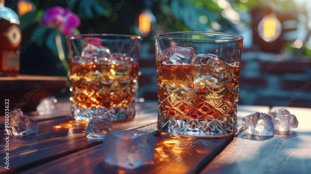 Two whiskey glasses filled with ice sit on a wooden table outdoors against a blurred background, symbolizing themes of relaxation, evening enjoyment, and companionship. Two whiskey glasses filled with ice sit on a wooden table outdoors against a blurred background, symbolizing themes of relaxation, evening enjoyment, and companionship.