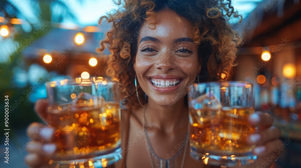 A joyful woman with curly hair, smiling brightly, holds two glasses of whiskey in an inviting outdoor bar setting, highlighting a fun and cheerful atmosphere. A joyful woman with curly hair, smiling brightly, holds two glasses of whiskey in an inviting outdoor bar setting, highlighting a fun and cheerful atmosphere.