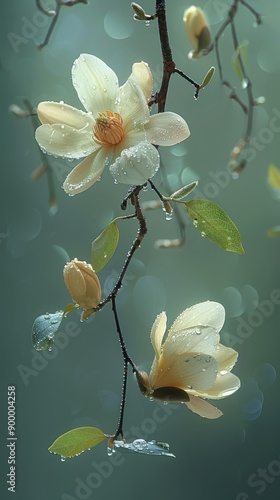 Magnolia Flowers with Dew Drops on Branches in Soft Focus Background.