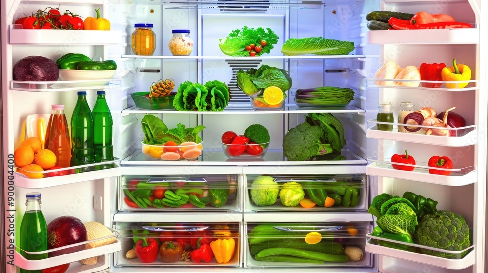 Open refrigerator filled with fresh vegetables, fruits, and beverages. Colorful and healthy choices for a nutritious lifestyle. Open refrigerator filled with fresh vegetables, fruits, and beverages. Colorful and healthy choices for a nutritious lifestyle.
