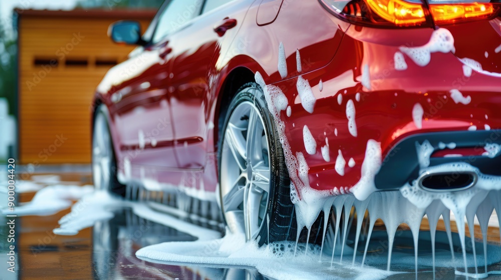 Naklejka premium Red car in the process of being washed with soapy suds flowing down, reflecting sunlight near a wooden garage door.
