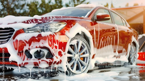 Red car covered in soap suds during a wash, reflecting sunlight, against a blurred background of trees and a building. photo