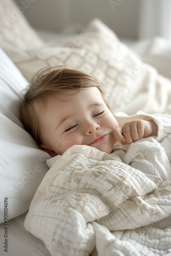 Adorable Toddler Smiling Whimsically While Snuggled in Cozy Blankets