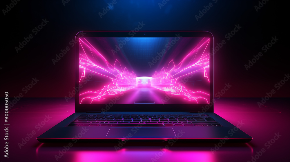 Laptop With Pink Neon Background Displaying Digital Abstract Art And Futuristic Aesthetics Laptop With Pink Neon Background Displaying Digital Abstract Art And Futuristic Aesthetics
