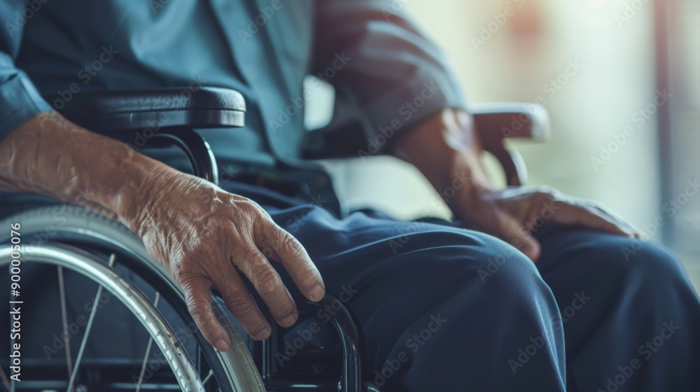 Obraz premium Close-up of a person in a wheelchair with a blue shirt. Mobility and accessibility in everyday life.