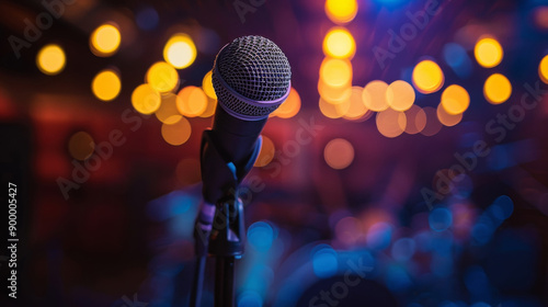 Microphone on Stage with Bokeh Lights in Background During Live Performance.