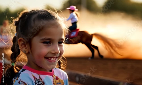 Close-up portrait video of a pleased child female that is wearing a fun graphic tee against a lively rodeo event with barrel racing and bull riding background
